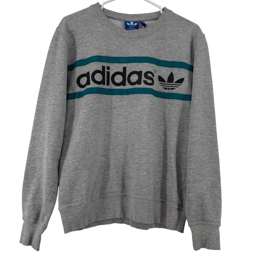 Adidas Sweatshirt Small Trefoil Logo Graphic Teal Stripe Cotton Blend‎ Gray S